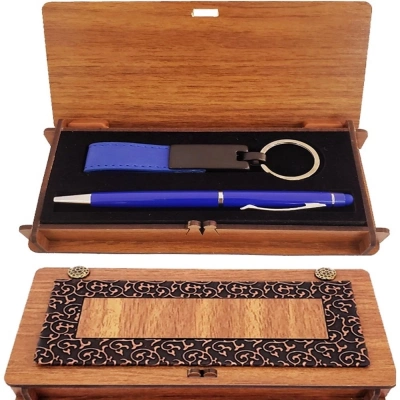 Ahşap Kutulu Koyu Mavi Kalem Ve Anahtarlık Set