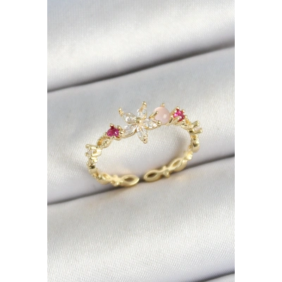 Pirinç Papatya Figürlü Zirkon Taşlı Gold Renk Ayarlanabilir Kadın Yüzük