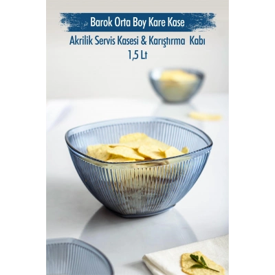Akrilik Barok Lacivert Orta Boy Kare Meyve & Salata Kasesi & Karıştırma Kabı / 1,5 Lt  (CAM DEĞİLDİR)