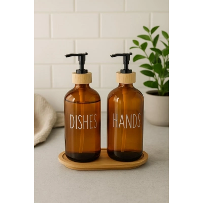 Amber Cam İkili Sıvı Sabunluk Seti 500 ml Bambu Altlıklı