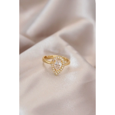 Ayarlamalı Gold Renk Metal Zirkon Taşlı Damla Model Yüzük