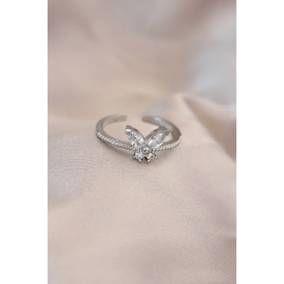 Ayarlamalı Gümüş Renk Metal Zirkon Taş ve Kristal Taşlı Kelebek Model Yüzük