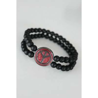 Barış Figürlü Bordo Renk Füme Metal Aksesuarlı Çift Sıra Oniks Doğal Taş Erkek Bileklik