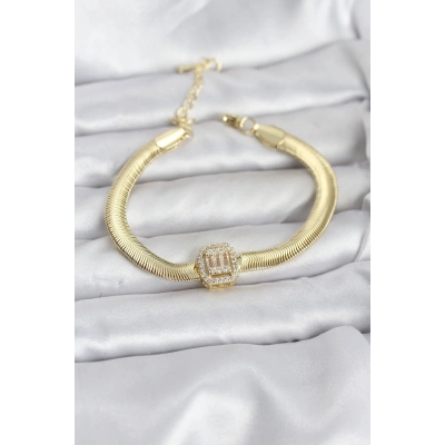 BFS 316L Çelik Gold Renk Baget Zirkon Taşlı Yılan Zincirli Kadın Bileklik