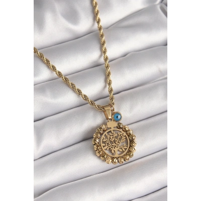 BFS 316L Çelik Gold Renk Burgu Zincir Dorika Yaşam Ağacı Figür Nazar Boncuk Detay Kadın Kolye