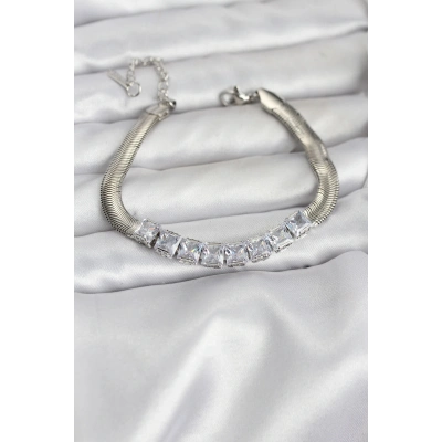 BFS 316L Çelik Gümüş Renk Kare Zirkon Taşlı Yılan Zincirli Kadın Bileklik