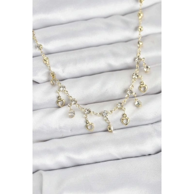 BFS 316L Çelik Zincir Gold Renk Zirkon Taşlı Kadın Kolye