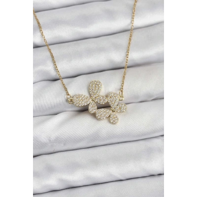 BFS 316L Çelik Zincir Gold Renk Zirkon Taşlı Kelebek Model Kadın Kolye