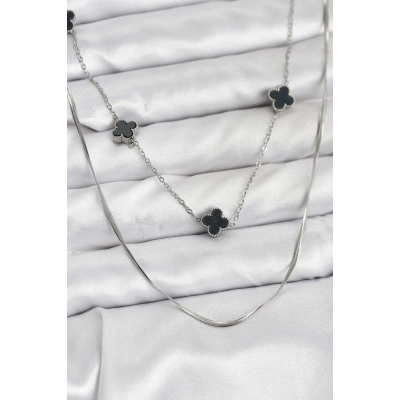 BFS 316L Çelik Zincir Gümüş Renk İtalyan Zincirli Siyah Yonca Model Kadın Kolye