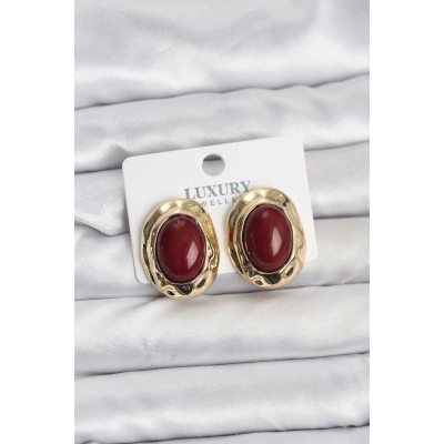 BFS Bordo Renk Oval Vintage Pirinç Kadın Küpe