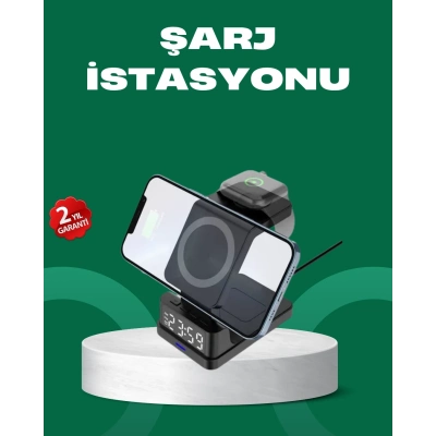 BFS Dijital Saatli Kablosuz Şarj İstasyonu – 3’ü 1 Arada Apple Uyumlu Hızlı Şarj ve LED Ekran