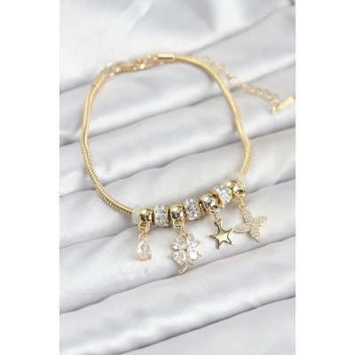 BFS Gold Renk Pirinç Yonca Charmlı Kadın Bileklik