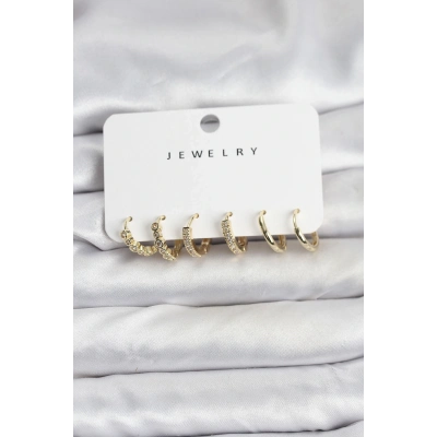 BFS Gold Renk Pirinç Zirkon Taşlı Kadın Küpe Seti