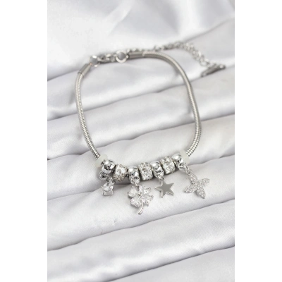 BFS Gümüş Renk Pirinç Yonca Charmlı Kadın Bileklik