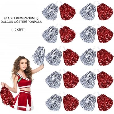 BFS Kırmızı Gümüş Metalik Dolgun Gösteri Ponponu 20 Adet (10 Çift)