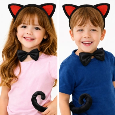 BFS Kırmızı Kulaklı Kedi Kostüm Seti – Taç Papyon Kuyruk 3 Parça