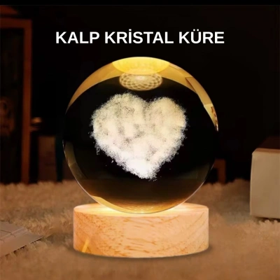 BFS LED Işıklı Kalp Desenli Cam Küre Büyük Boy Ahşap Tabanlı