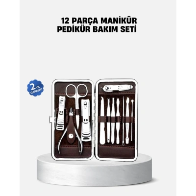 BFS Özel Deri Çantalı 12 Parça Manikür Pedikür Bakım Seti Paslanmaz Çelik