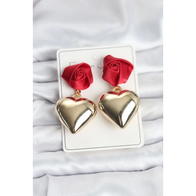 BFS Pirinç Gold Kalpli Kırmızı Gül Model Kadın Küpe