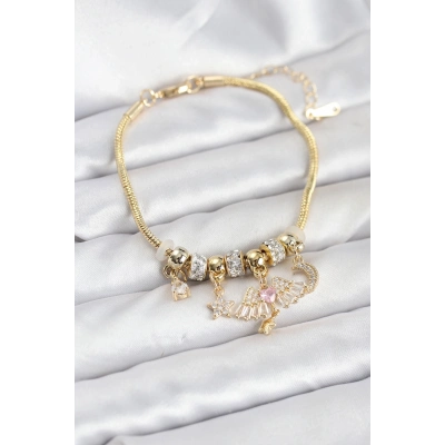 BFS Pirinç Gold Renk Kanatlı Charmlı Kadın Bileklik