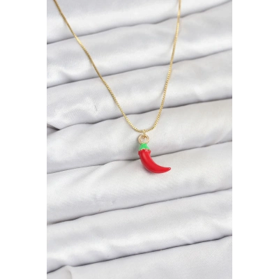 BFS Pirinç Gold Renk Kırmızı Kapya Biber Model Kadın Kolye