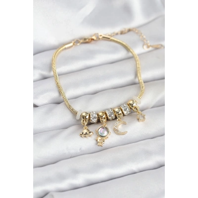 BFS Pirinç Gold Renk Uzay Tema Charmlı Kadın Bileklik