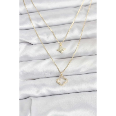 BFS Pirinç Gold Renk Yonca Model 2li Kadın Kolye