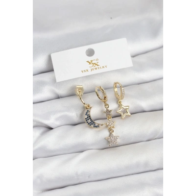 BFS Pirinç Gold Renk Zirkon Taşlı Ay ve Yıldız Model YSX Trio Küpe Seti