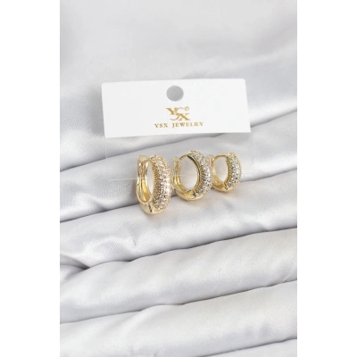 BFS Pirinç Gold Renk Zirkon Taşlı Halka Model YSX Trio Küpe Seti