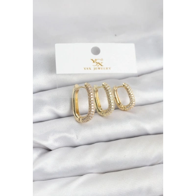 BFS Pirinç Gold Renk Zirkon Taşlı Halka Model YSX Trio Küpe Seti