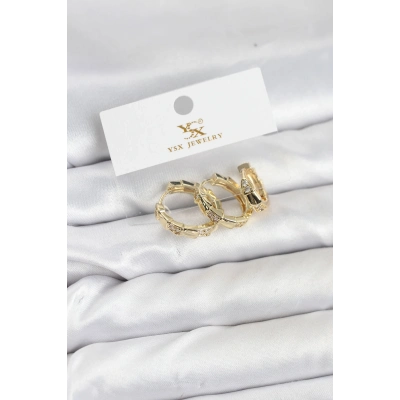 BFS Pirinç Gold Renk Zirkon Taşlı Halka Yılan Model YSX Trio Küpe Seti