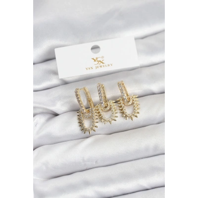 BFS Pirinç Gold Renk Zirkon Taşlı Vintage Model YSX Trio Küpe Seti