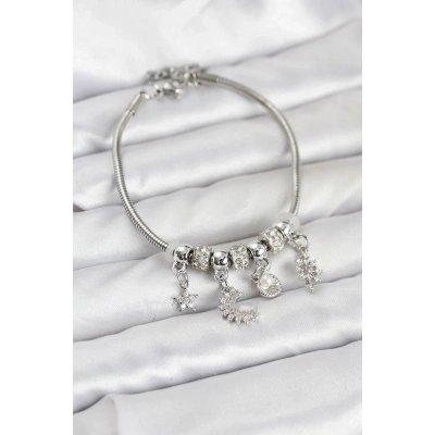 BFS Pirinç Gümüş Renk Ay Charm Model Charmlı Kadın Bileklik