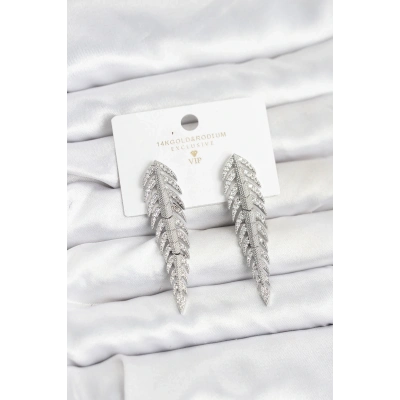 BFS Pirinç Gümüş Renk Balık Sırtı Model Zirkon Taşlı Kadın Küpe