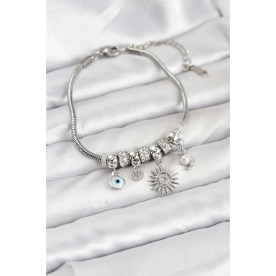 BFS Pirinç Gümüş Renk Güneş Charmlı Kadın Bileklik