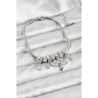 BFS Pirinç Gümüş Renk Kanatlı Charmlı Kadın Bileklik