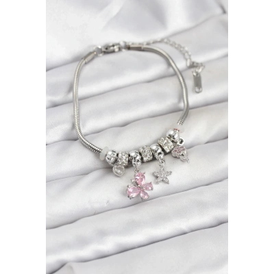 BFS Pirinç Gümüş Renk Pembe Kelebek Charmlı Kadın Bileklik