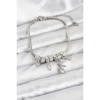 BFS Pirinç Gümüş Renk Tinkerbell Charmlı Kadın Bileklik