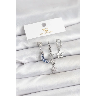 BFS Pirinç Gümüş Renk Zirkon Taşlı Ay ve Yıldız Model YSX Trio Küpe Seti