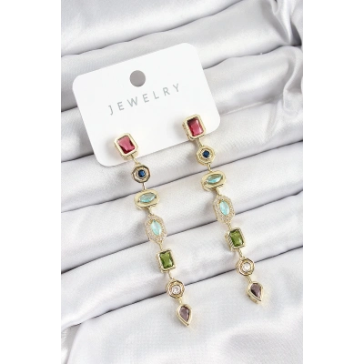 BFS Pirinç Renkli Zirkon Taşlı Sallantılı Model Gold Renk Kadın Küpe