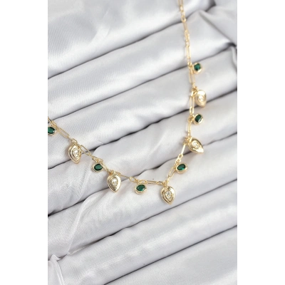 BFS Pirinç Zirkon Taşlı Sallantılı Damla Model Gold Renk Kadın Kolye