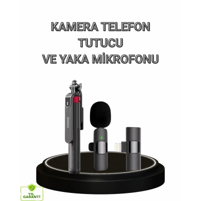 BFS Vlog ve Canlı Yayın İçin Çift Yaka Mikrofonu ve Tripodlu Selfie Çubuğu Seti