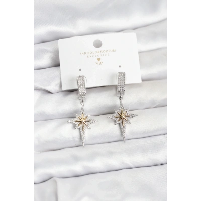 BFS Zirkon Taşlı Gümüş Renk Pirinç Kutup Yıldızı Model Kadın Küpe