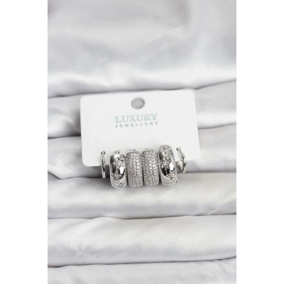 BFS Zirkon Taşlı Pirinç Gümüş Renk Halka Kadın Küpe Seti