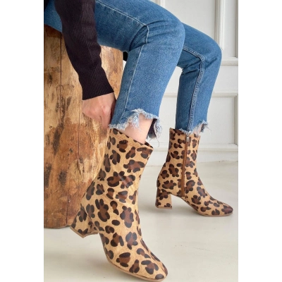 Birta Leopar Cilt Streç Topuklu Bot