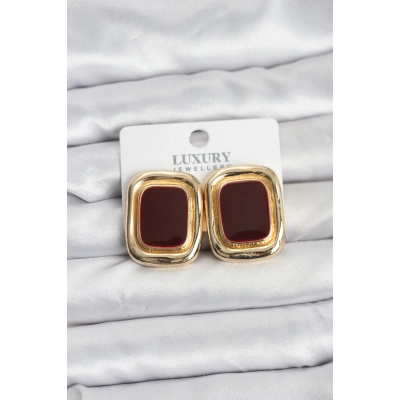 Bordo Mineli Kare Gold Renk Vintage Kadın Küpe