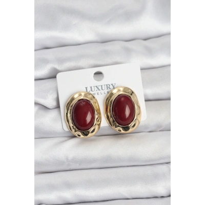Bordo Renk Oval Vintage Pirinç Kadın Küpe