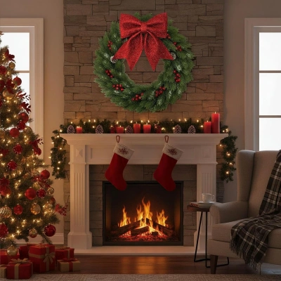 Büyük ve Kaliteli Kırmızı Simli Eva Fiyonk Dekor Yılbaşı Çam Ağacı Duvar Süsü 60 X 65cm