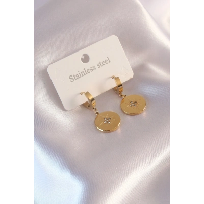 Çelik Gold Renk Kutup Yıldızı İşleme Zirkon Taşlı Kadın Küpe