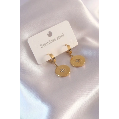 Çelik Gold Renk Kutup Yıldızı İşleme Zirkon Taşlı Kadın Küpe